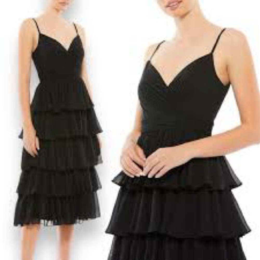 ✔️#55/41/24 BNWT MAC DUGGAL Black Ruffle Layered V-Neck Midi Dress #55437